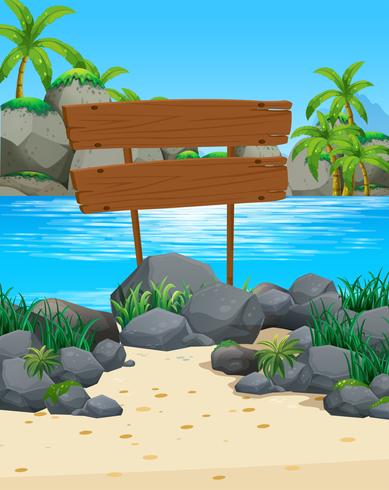 Ocean scene with wooden sign on the beach vector