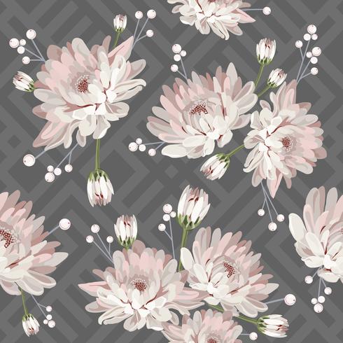 Floral seamless pattern with chrysanthemums on grey geometric background. Vector illustration