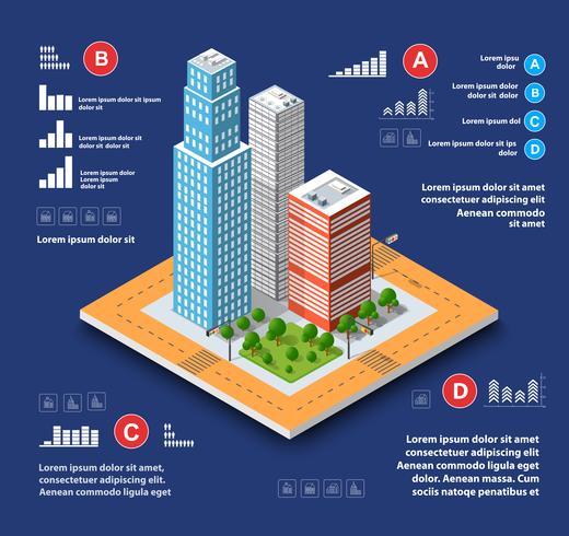 City isometric concept of urban infrastructure business vector