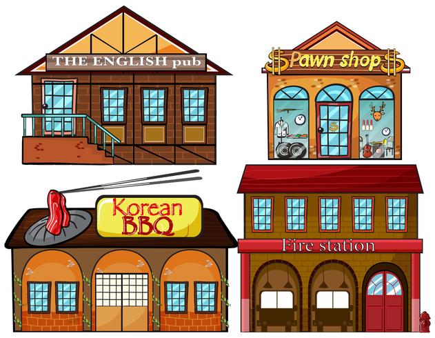 English pub, Korean restaurant, pawnshop and fire station vector