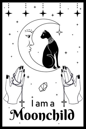 Black Cat on the Moon. Praying hands holding a rosary. I am a Moonchild text vector