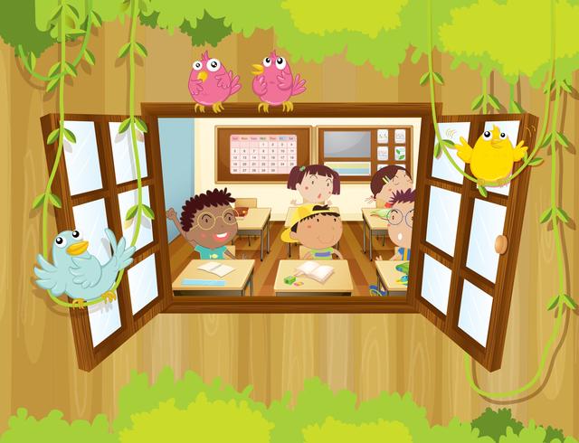 Alumnos dentro del aula con pájaros en la ventana. vector
