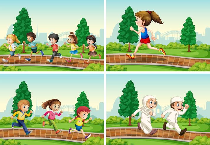 Set of children running at the park vector