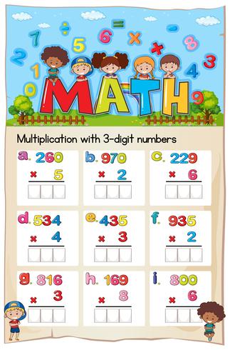 Math worksheet for multiplication with three digit numbers vector