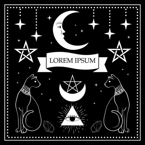 Black cats, night sky with moon and stars. Frame for sample text. Magic, occult symbols. vector