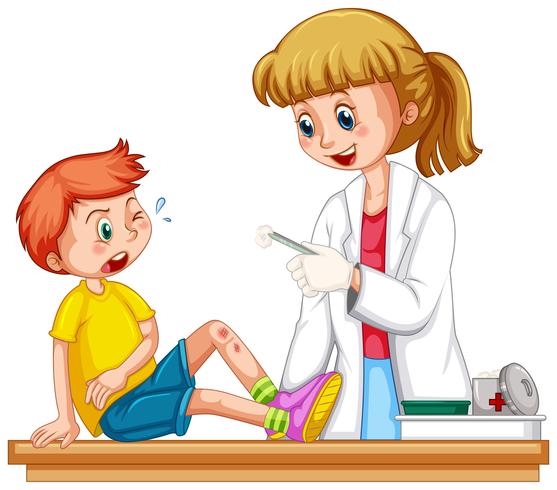 Doctor limpiando la herida del niño. vector