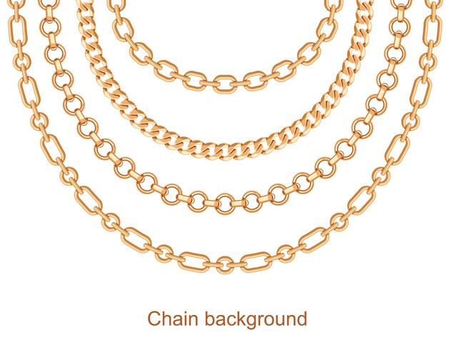 Background with chains golden metallic necklace. On white vector