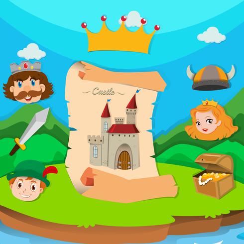 Tema del castillo con rey y princesa. vector