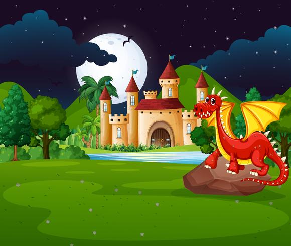 Scene with red dragon and castle vector