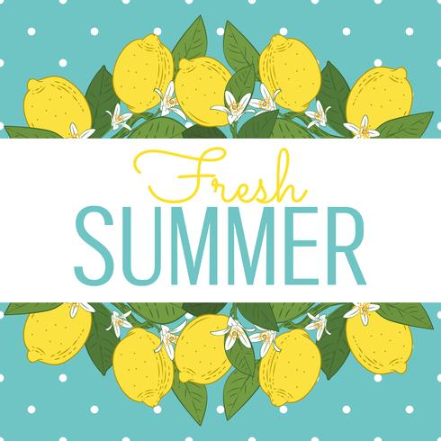 Tropical citrus lemon fruits bright summer card. Poster with lemons, green leaves and flowers on turquoise blue polka dot. Summer colorful background. vector