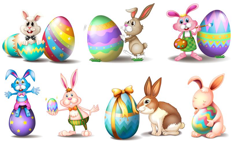 Huevos de Pascua con conejitos juguetones. vector