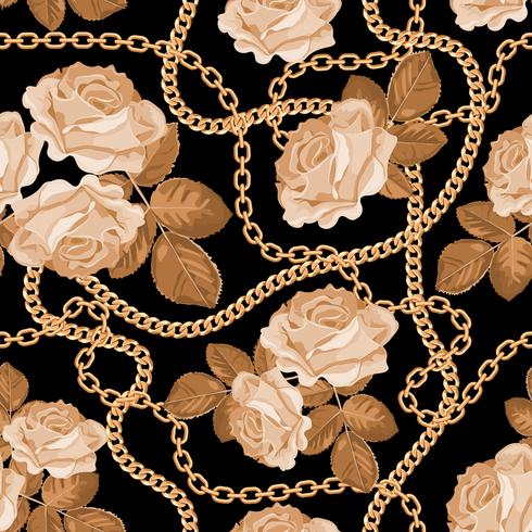 Pattern background with golden chains and beige roses.  vector