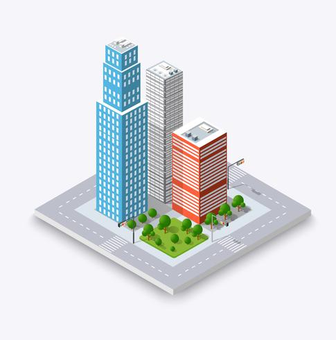 City isometric concept of urban infrastructure business vector