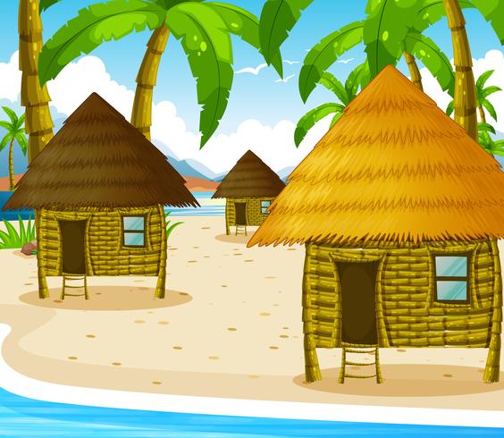 Tres casitas de madera en la playa. vector