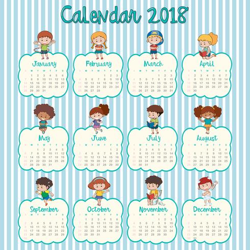 2018 calendar template with happy kids vector