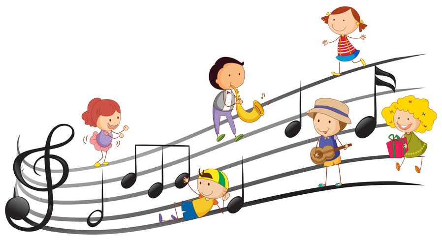 People playing musical instruments with music notes in background vector