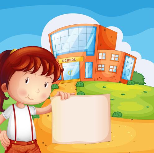 Un niño frente a la escuela con un papel vacío. vector