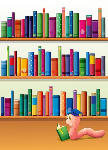 An earthworm reading a book in front of the shelves with books vector