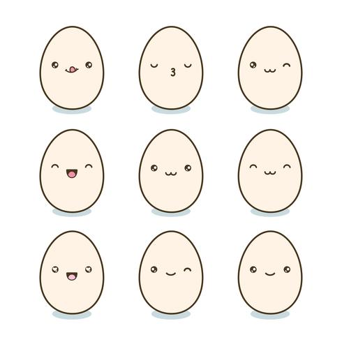 Huevos de Pascua felices fijados. Huevos de Kawaii con las caras lindas en el fondo blanco. Ilustración vectorial vector