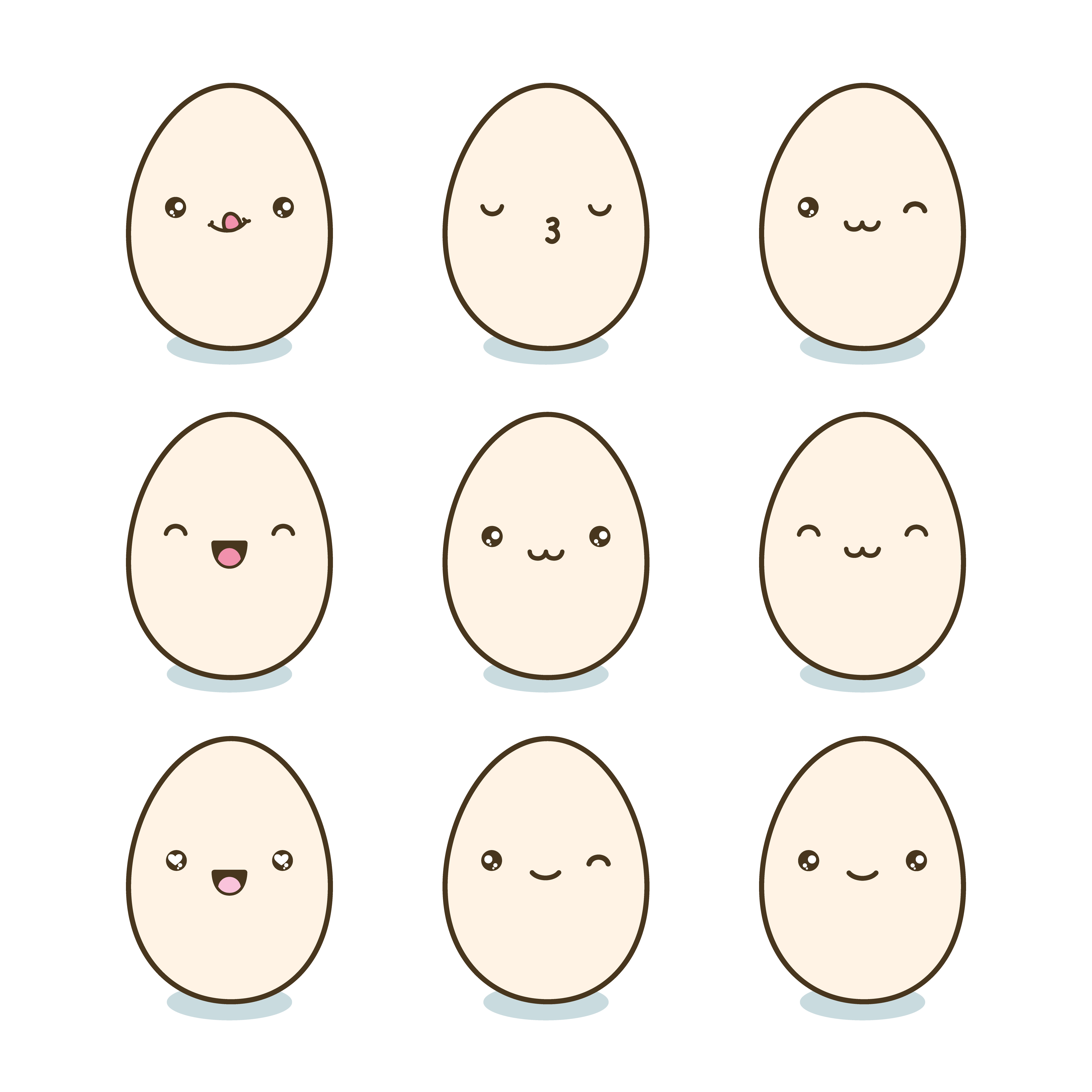 Happy Easter eggs set. Kawaii eggs with cute faces on white background