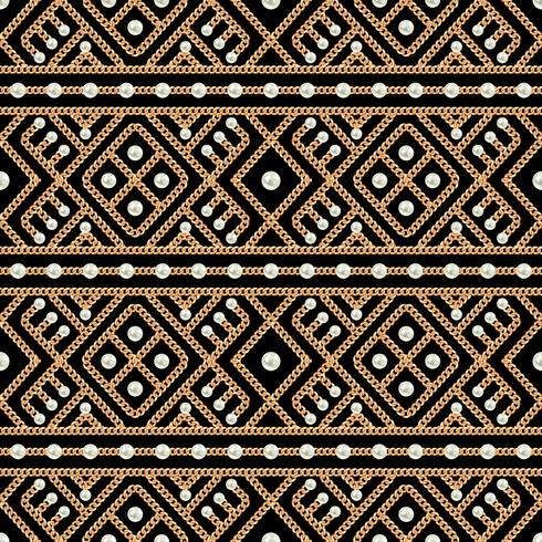 Seamless pattern of Gold chain geometrical ornament and pearls on black background. Vector illustration