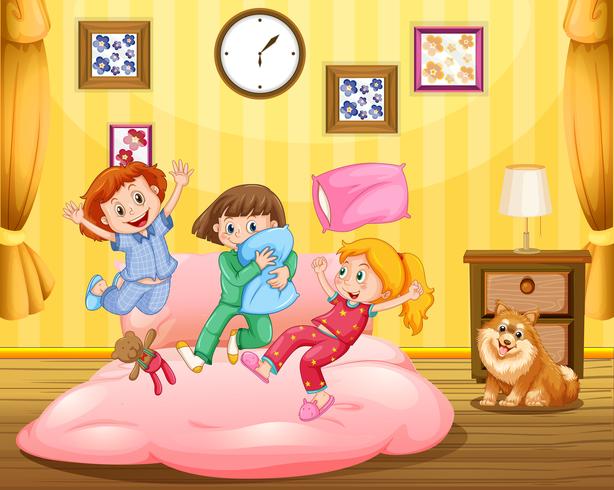 Three girls and pet dog in bedroom vector