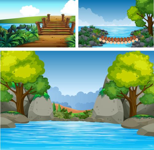 Tres escenas de fondo con río y árboles. vector