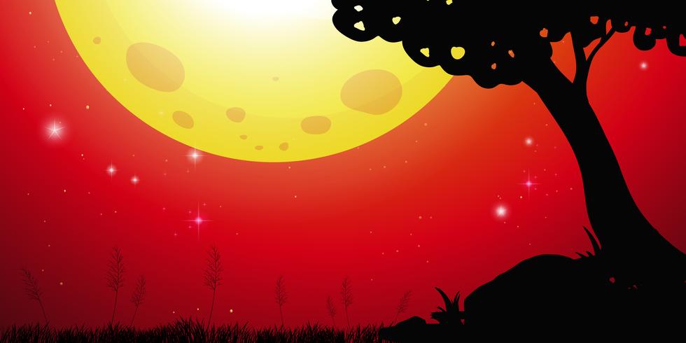 Silhouette scene with moon and red sky vector