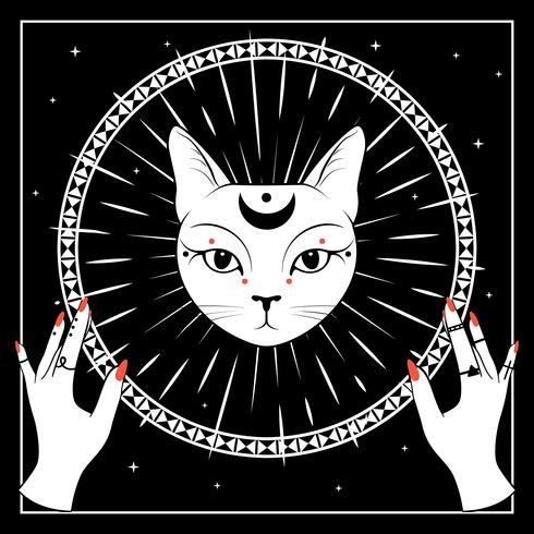 White cat face with moon on night sky with ornamental round frame. Hands with rings. vector