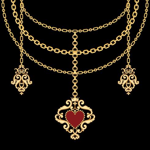 Background with chains golden metallic necklace and pendant with heart. On black vector