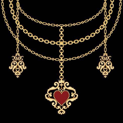 Fondo con cadenas doradas, collar metálico y colgante con corazón. En negro vector