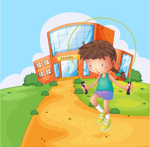 Una niña jugando cerca de la escuela. vector