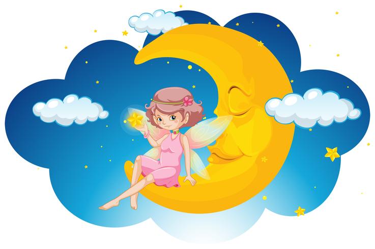 Cute fairy sitting on moon at night vector