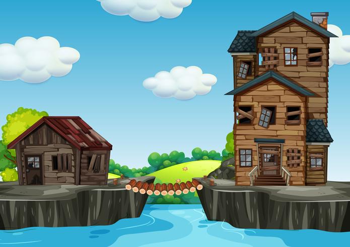 Shabby house next to water vector
