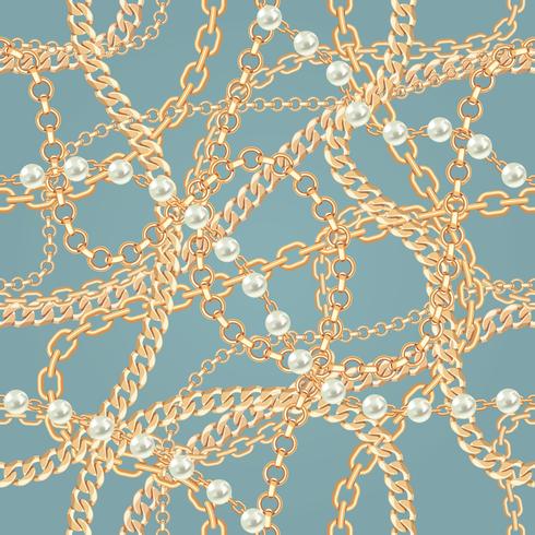 Seamless pattern background with pears and chains golden metallic necklace. On vintage blue. Vector illustration