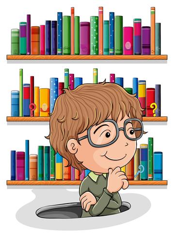 A man wondering inside the hole with books at the back vector