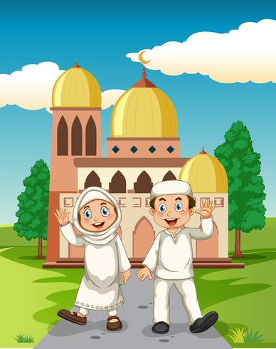 A muslim couple in front of the mosque vector