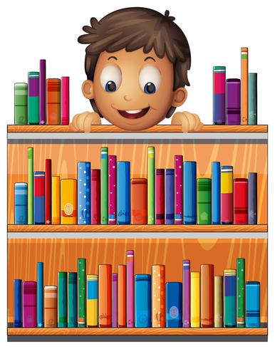 Un niño en la parte trasera de un estante de madera con libros. vector