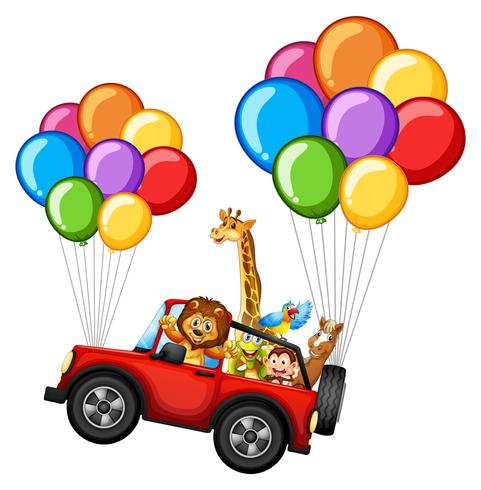 Muchos animales en jeep con globos de colores. vector