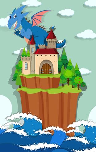 Dragón y castillo en la isla. vector