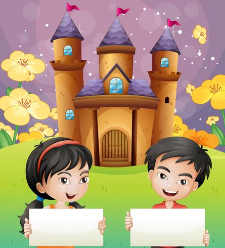 Two kids with empty signages standing in front of the castle vector