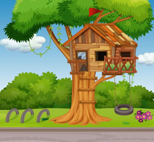 Old treehouse and swing in park vector