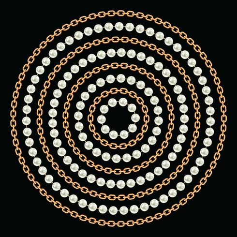 Round pattern made with golden chains and pearls. On black. Vector illustration