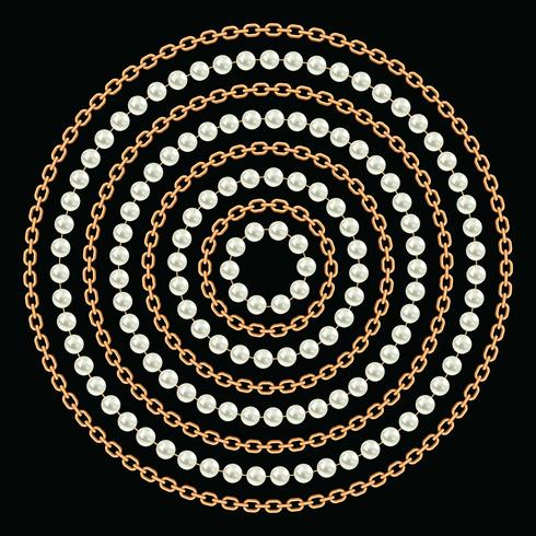 Round pattern made with golden chains and pearls. On black. Vector illustration