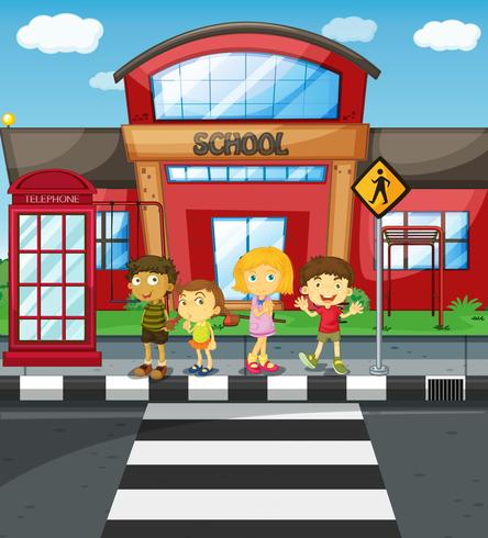 Kids waiting to cross the road in front of school vector