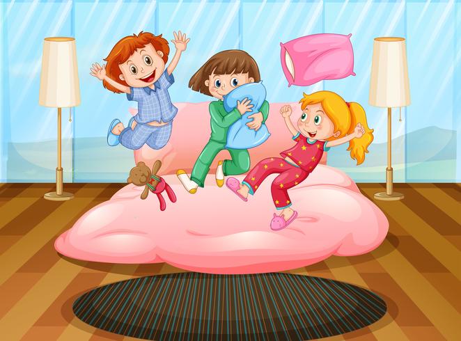 Three girls playing at slumber party vector