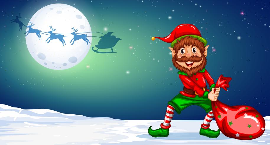 Christmas elf in winternight background vector