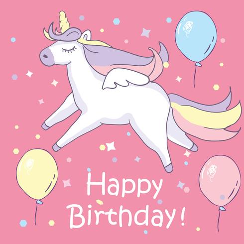 Preciosa unicornio Sobre fondo rosa con globos y texto de feliz cumpleaños vector