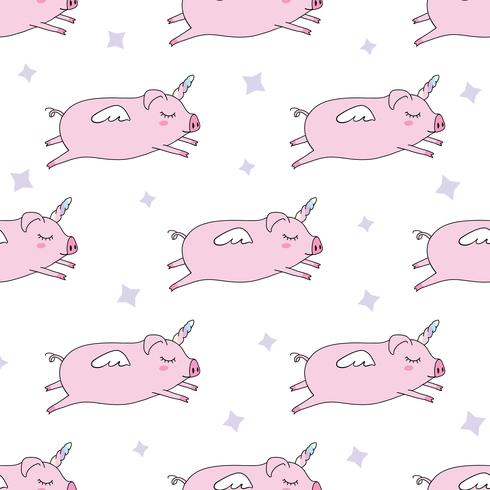 Seamless pattern background. Cute pig as pegasus and unicorn. vector