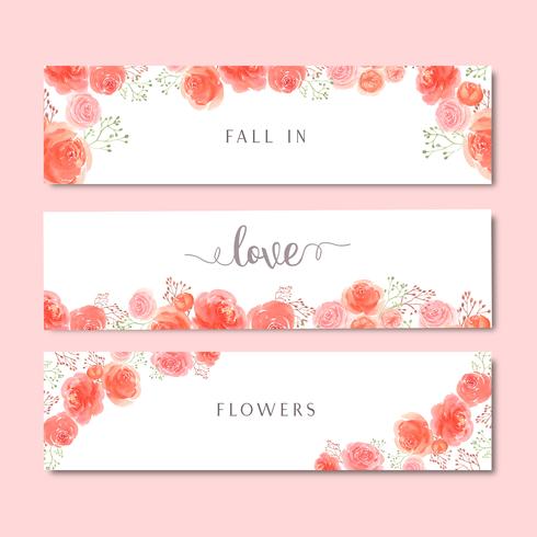 Watercolor florals hand painted with text banner, lush flowers aquarelle vector